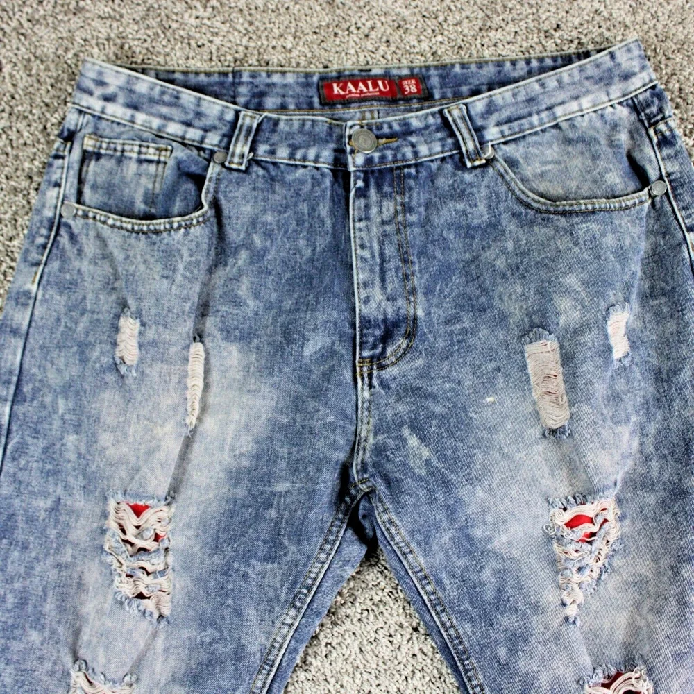 KAALU Distressed Acid Wash Jeans Mens 38x32 Blue Ripped Denim - Picture 2 of 11